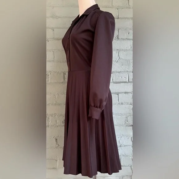 Vintage 70s Dark Brown Long Sleeve Shirt Dress - Picture 4 of 8
